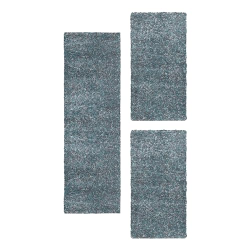 HomebyHome Bettumrandung Schlafzimmer 3 teilig Hochflor Teppich Blau - Waschbarer Teppich Extra Flauschig Bettvorleger Schlafzimmer Bettset:2 mal 80x150 + 1 mal 80x250 von HomebyHome