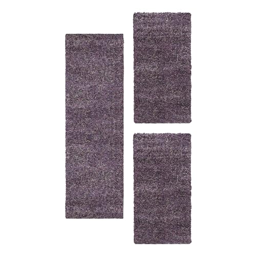 HomebyHome Bettumrandung Schlafzimmer 3 teilig Hochflor Teppich Lila - Waschbarer Teppich Extra Flauschig Bettvorleger Schlafzimmer Bettset:2 mal 60x110 + 1 mal 80x150 von HomebyHome