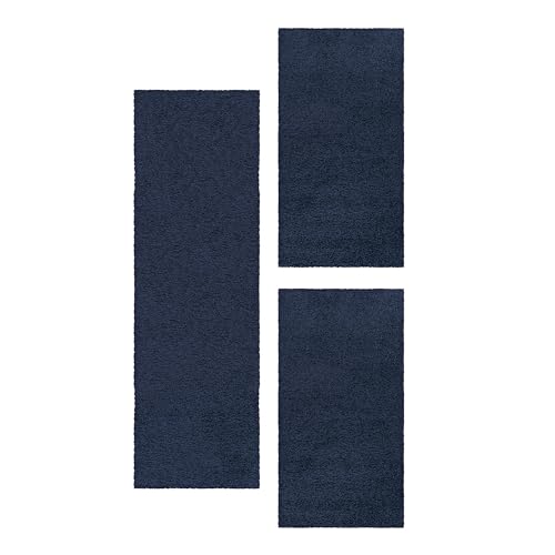 HomebyHome Bettumrandung Schlafzimmer 3 teilig Hochflor Teppich Marineblau - Waschbarer Teppich Extra Flauschig Bettvorleger Schlafzimmer Bettset:2 mal 60x110 + 1 mal 80x150 von HomebyHome