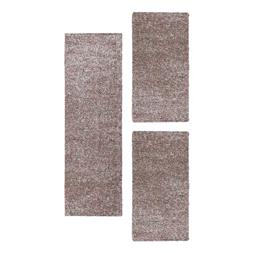 HomebyHome Bettumrandung Schlafzimmer 3 teilig Hochflor Teppich Rosa 1 - Waschbarer Teppich Extra Flauschig Bettvorleger Schlafzimmer Bettset:2 mal 60x110 + 1 mal 80x150 von HomebyHome