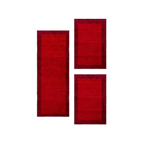 HomebyHome Läufer Bordüre Design Hochflor-Bettumrandung Läufer Set, 3-Teilig, Fußbodenheizung Geeignet, Flauschig Weich, 30 mm Polypropylen, Jute Rücken Farbe: Rot von HomebyHome