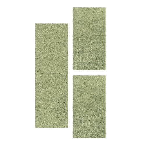 HomebyHome Bettumrandung Schlafzimmer 3 teilig Teppich Grün - Waschbarer Bettumrandung Teppich Läufer Set Extra Flauschig Bettvorleger Schlafzimmer Bettset:2 St. 80x150 cm | 1 St. 80x250 cm von HomebyHome