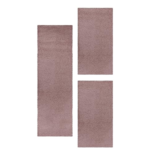 HomebyHome Bettumrandung Schlafzimmer 3 teilig Teppich Rosa - Waschbarer Bettumrandung Teppich Läufer Set Extra Flauschig Bettvorleger Schlafzimmer Bettset:2 St. 80x150 cm | 1 St. 80x250 cm von HomebyHome