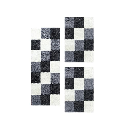 HomebyHome Bettumrandung Schlafzimmer 3 teilig Teppich Schwarz - Waschbarer Bettumrandung Teppich Läufer Set Extra Flauschig Bettvorleger Schlafzimmer Bettset:2 St. 60x110 cm | 1 St. 80x250 cm von HomebyHome