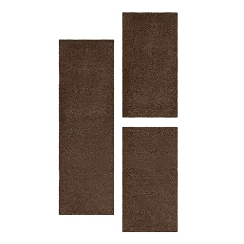 HomebyHome Bettumrandung Schlafzimmer 3 teilig Hochflor Teppich Braun - Waschbarer Teppich Extra Flauschig Bettvorleger Schlafzimmer Bettset:2 mal 60x110 + 1 mal 80x250 von HomebyHome