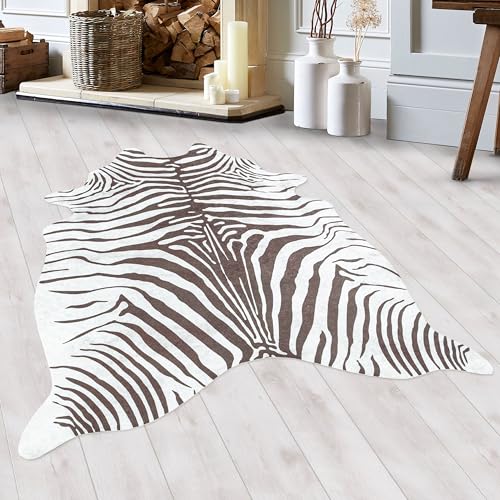 HomebyHome Fell Teppich Flachgewebt Kunstfell Zebra Design Wohnzimmer Schlafzimmer 8 mm Florhöhe Waschbar Weich Tierform rutschfest Braun, Farbe:Braun, Grösse:150x200 cm von HomebyHome