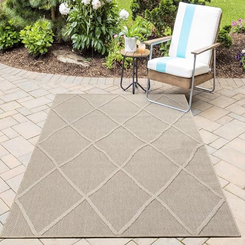 HomebyHome In& Outdoor Teppich Wetterfest, Beige 120x170 cm Teppich Küche, Waschbarer Küchenläufer Flachgewebe Sisaloptik Rauten Design Camping Terasse Balkon Outdoorteppich Garten von HomebyHome