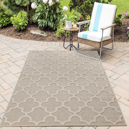 HomebyHome In& Outdoor Teppich Wetterfest, Beige 140x200 cm Teppich Küche, Waschbarer Küchenläufer Flachgewebe Sisaloptik Marokkaniches Design Camping Terasse Balkon Outdoorteppich Garten von HomebyHome