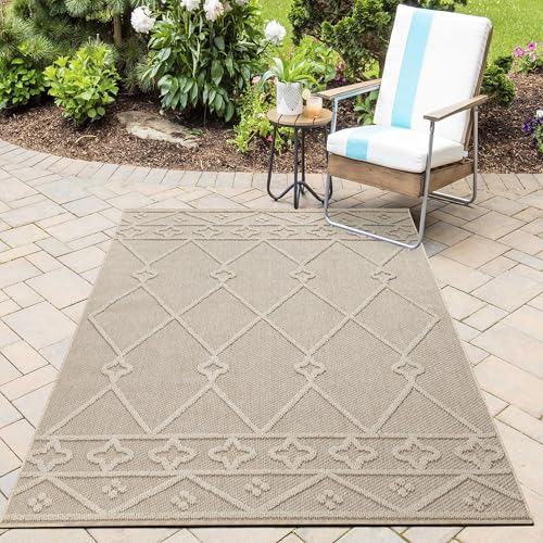 HomebyHome In& Outdoor Teppich Wetterfest, Beige 160x230 cm Teppich Küche, Waschbarer Küchenläufer Flachgewebe Sisaloptik Berber Design Camping Terasse Balkon Outdoorteppich Garten von HomebyHome