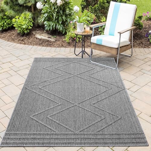 HomebyHome In& Outdoor Teppich Wetterfest, Grau 120x170 cm Teppich Küche, Waschbarer Küchenläufer Flachgewebe Sisaloptik Boho Design Camping Terasse Balkon Outdoorteppich Garten von HomebyHome