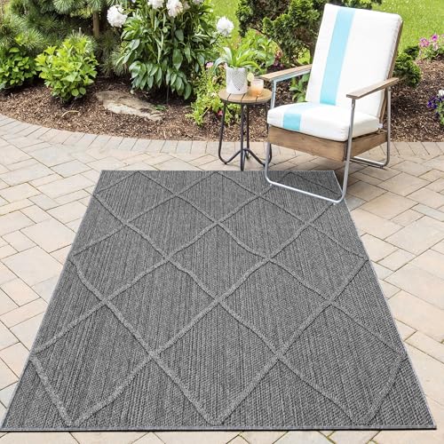 HomebyHome In& Outdoor Teppich Wetterfest, Grau 120x170 cm Teppich Küche, Waschbarer Küchenläufer Flachgewebe Sisaloptik Rauten Design Camping Terasse Balkon Outdoorteppich Garten von HomebyHome