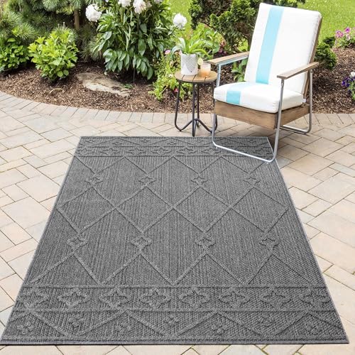 HomebyHome In& Outdoor Teppich Wetterfest, Grau 240x340 cm Teppich Küche, Waschbarer Küchenläufer Flachgewebe Sisaloptik Berber Design Camping Terasse Balkon Outdoorteppich Garten von HomebyHome