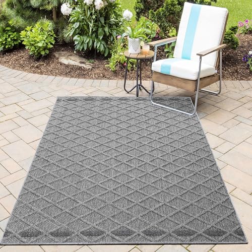 HomebyHome In& Outdoor Teppich Wetterfest, Grau 80x150 cm Teppich Küche, Waschbarer Küchenläufer Flachgewebe Sisaloptik Boho Design Camping Terasse Balkon Outdoorteppich Garten von HomebyHome