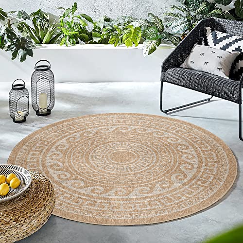 HomebyHome In & Outdoor Teppich Wetterfest Rund 120 cm Beige, Sisal und Jute Optik Balkon Teppich Wasserfest - Teppich Küche, Waschbarer Greek Design Camping Garten Terasse Outdoorteppich von HomebyHome