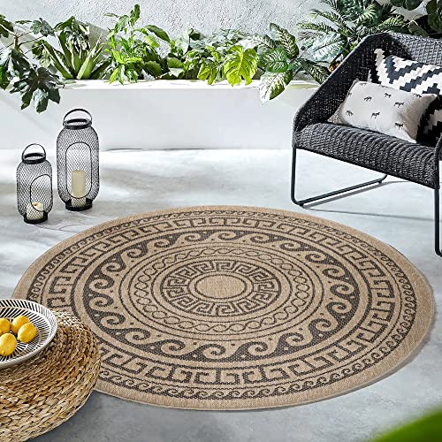 HomebyHome In & Outdoor Teppich Wetterfest Rund 120 cm Schwarz, Sisal und Jute Optik Balkon Teppich Wasserfest - Teppich Küche, Waschbarer Greek Design Camping Garten Terasse Outdoorteppich von HomebyHome