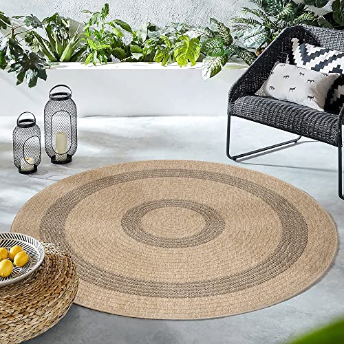 HomebyHome In & Outdoor Teppich Wetterfest Rund 160 cm Schwarz, Sisal und Jute Optik - Wasserfest für Balkon, Küche, Camping, Garten, Terrasse - Waschbare Bordüre Design von HomebyHome