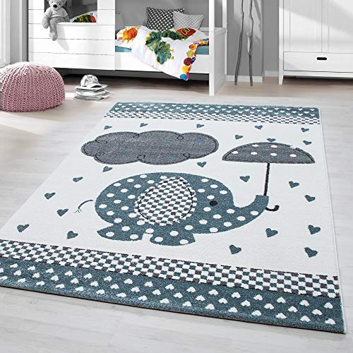 HomebyHome Kinderteppich Blau 80x150 cm Elefanten mit Regenschirm Läufer Jungen Teppich Kinderzimmer Kurzflor Teppich Extra Weich Antiallergen Babyzimmer Teppich von HomebyHome