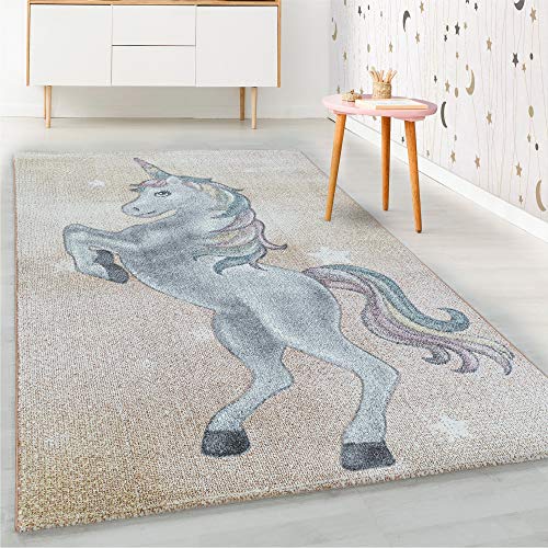 HomebyHome Kinderteppich Einhorn Sterne Design Gelb 120x170 cm - Teppich Kinderzimmer Mädchen und Junge Extra Weich Antiallergen - Babyzimmer Teppich für Kinder Spielteppich Babyteppich Rechteckig von HomebyHome