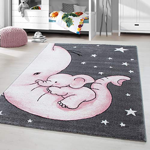 HomebyHome Kinderteppich Elefanten Mama Design Rosa 140x200 cm - Teppich Kinderzimmer Mädchen und Junge Extra Weich Antiallergen - Babyzimmer Teppich für Mädchen and Junge Spielteppich Babyteppich von HomebyHome