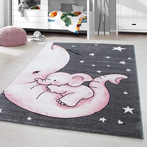 HomebyHome Kinderteppich Rosa 140x200 cm Elefantenmuster für Mädchen - Kurzflor Extra Weich Antiallergen für Kinderzimmer und Babyzimmer von HomebyHome
