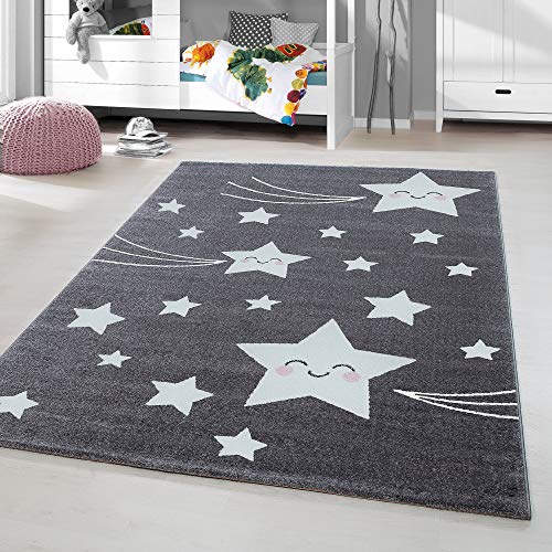 HomebyHome Kinderteppich Grau 160 cm Rund Niedliches Sternenmuster Großer Jungen Teppich Kinderzimmer Kurzflor Teppich Extra Weich Antiallergen Babyzimmer Teppich von HomebyHome