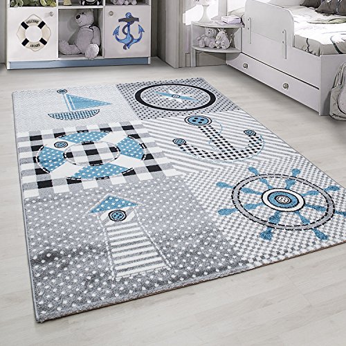 HomebyHome Kinderteppich Grau 80x150 cm Piratenmuster Läufer Jungen Teppich Kinderzimmer Kurzflor Teppich Extra Weich Antiallergen Babyzimmer Teppich von HomebyHome