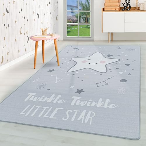 HomebyHome Kinderteppich Kurzflor Baby Stern Design Kinderzimmer Babyzimmer Spielzimmer 8 mm Florhöhe Hochfertig Weich Washbar Rechteckig Junge Grau, Farbe:Grau, Grösse:140x200 cm von HomebyHome