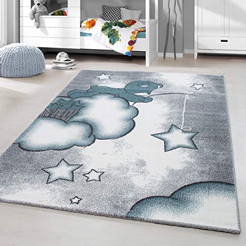 HomebyHome Kinderteppich Kurzflor Bärchen Wolken Design Kinderzimmer Babyzimmer Spielzimmer 11 mm Florhöhe Weich Rechteckig Rund Läufer Blau, Grösse:160x230 cm von HomebyHome