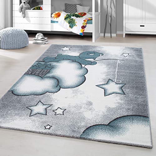 HomebyHome Kinderteppich Blau 160x230 cm Niedliches Bärenmuster Großer Jungen Teppich Kinderzimmer Kurzflor Teppich Extra Weich Antiallergen Babyzimmer Teppich von HomebyHome