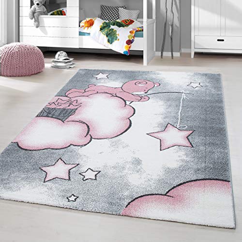 HomebyHome Kinderteppich Kurzflor Bärchen Wolken Design Kinderzimmer Babyzimmer Spielzimmer 11 mm Florhöhe Weich Rechteckig Rund Läufer Rosa, Grösse:120 cm Rund von HomebyHome