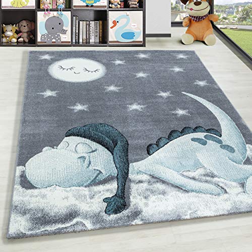 HomebyHome Kinderteppich Kurzflor Dino Wolke Design Blau 160 cm Rund - Teppich Kinderzimmer Mädchen und Junge Extra Weich Antiallergen - Teppich für Babyzimmer Spielteppich Babyteppich Rund von HomebyHome