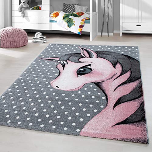 HomebyHome Kinderteppich Kurzflor Einhorn Design Rosa 120 cm Rund- Teppich Kinderzimmer Mädchen Extra Weich Antiallergen - Babyzimmer Teppich für Mädchen and Junge Spielteppich Babyteppich von HomebyHome