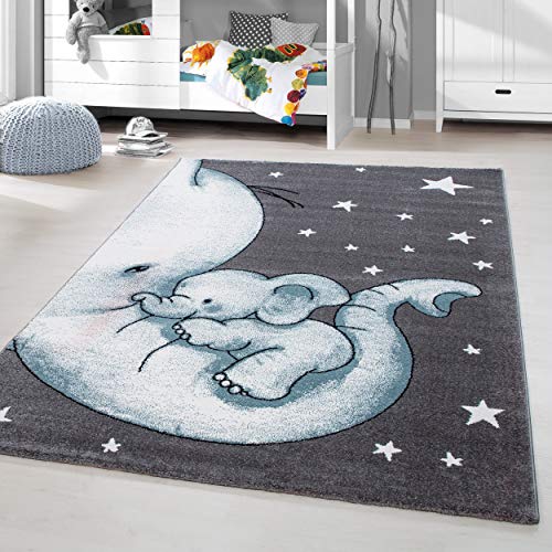 HomebyHome Kinderteppich Blau 160 cm Rund Elefantenmuster Großer Jungen Teppich Kinderzimmer Kurzflor Teppich Extra Weich Antiallergen Babyzimmer Teppich von HomebyHome