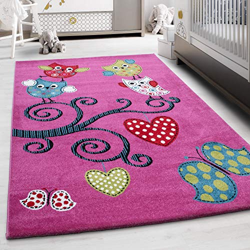 HomebyHome Kinderteppich Kurzflor Eule Design Lila 120 cm Rund - Teppich Kinderzimmer Mädchen Extra Weich Antiallergen - Babyzimmer Teppich für Mädchen and Junge Spielteppich Babyteppich Pink von HomebyHome