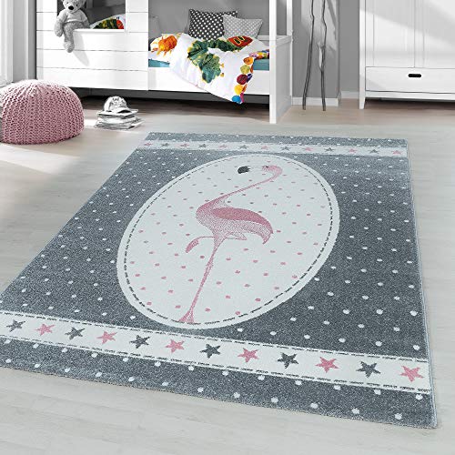 HomebyHome Kinderteppich Kurzflor Flamingo Stern Design Kinderzimmer Babyzimmer Spielzimmer 11 mm Florhöhe Weich Rechteckig Rund Läufer Rosa, Grösse:120 cm Rund von HomebyHome