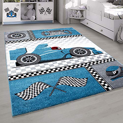 HomebyHome Kinderteppich Kurzflor Formel 1 Rennwagen Design Kinderzimmer Babyzimmer Spielzimmer 11 mm Florhöhe Weich Rechteckig Läufer Blau, Farbe:Blau, Grösse:160x230 cm von HomebyHome