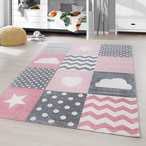 HomebyHome Kinderteppich Rosa 80x150 cm Herz Stern Wolke Kachel Design Läufer Mädchen Teppich Kinderzimmer Kurzflor Teppich Extra Weich Antiallergen Babyzimmer Teppich von HomebyHome