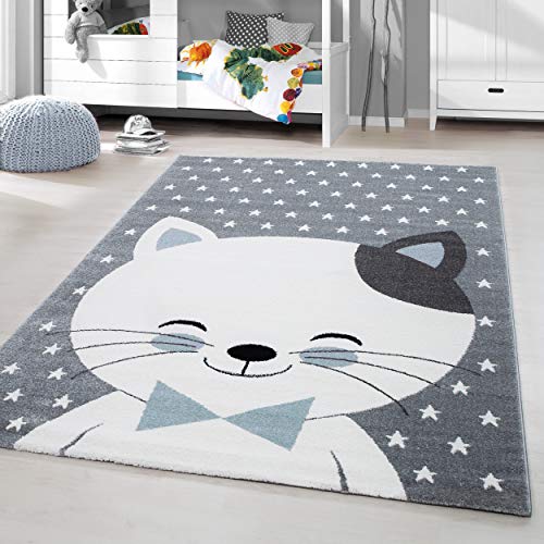 HomebyHome Kinderteppich Kurzflor Katze Lächeln Design Kinderzimmer Babyzimmer Spielzimmer 11 mm Florhöhe Weich Rechteckig Rund Läufer Blau, Grösse:120 cm Rund von HomebyHome