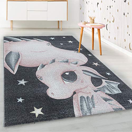 HomebyHome Kinderteppich Kurzflor Mama Baby Drachen Design Kinderzimmer Babyzimmer Spielzimmer 8 mm Florhöhe Weich Rechteckig Rund Läufer Blau, Farbe:Pink, Grösse:160x230 cm von HomebyHome