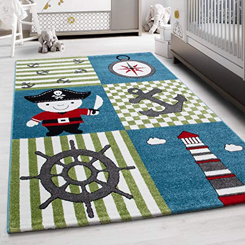 HomebyHome Kinderteppich Kurzflor Pirat Design Kinderzimmer Babyzimmer Spielzimmer 11 mm Florhöhe Weich Rechteckig Läufer Blau, Farbe:Multi, Grösse:200x290 cm von HomebyHome