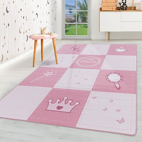 HomebyHome Kurzflor Kinderteppich für Jungen und Mädchen 160 x 230 cm Pink Prinzessin Design - Waschbarer Teppich Extra Weich und Antiallergen - Teppich für Kinderzimmer, Babyzimmer und Spielzimmer von HomebyHome