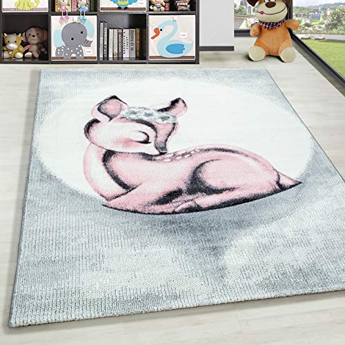 HomebyHome Kinderteppich Rehkitz Design Rosa 160 cm Rund - Kurzflor Teppich Kinderzimmer Mädchen und Junge Extra Weich Antiallergen - Teppich Babyzimmer Spielteppich Babyteppich Rund Pink von HomebyHome