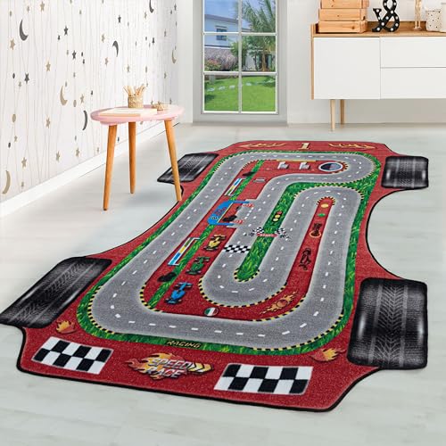 HomebyHome Kinderteppich Kurzflor Rennstracke Auto Design Rot 100x150 cm - Teppich Kinderzimmer für Junge Extra Weich Washbar - Teppich für Babyzimmer Spielteppich Babyteppich Autoteppich Rechteckig von HomebyHome