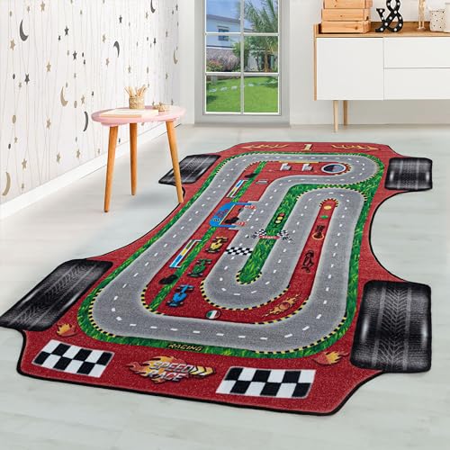 HomebyHome Kurzflor Kinderteppich für Jungen und Mädchen 120 x 170 cm Rot Grandprix Design - Waschbarer Teppich Extra Weich und Antiallergen - Teppich für Kinderzimmer, Babyzimmer und Spielzimmer von HomebyHome