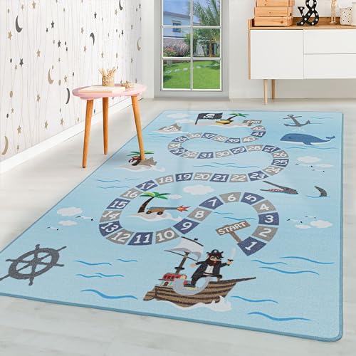 HomebyHome Kinderteppich Kurzflor Seefahrt Pirate Design Kinderzimmer Babyzimmer Spielzimmer 8 mm Florhöhe Hochfertig Weich Washbar Rechteckig Junge Mädchen Blau, Farbe:Blau, Grösse:100x150 cm von HomebyHome