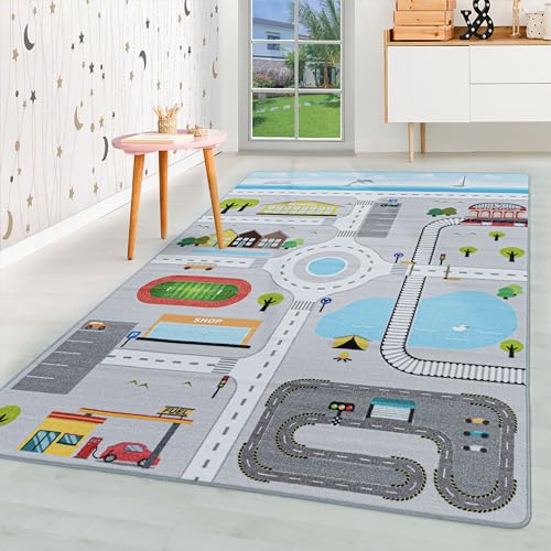 HomebyHome Kinderteppich Strasse Verkehr Design Grau 160x230 cm - Kurzflor Teppich Kinderzimmer Rechteckig Extra Weich Antiallergen Washbar - Babyzimmer Teppich für Junge Spielteppich Babyteppich von HomebyHome