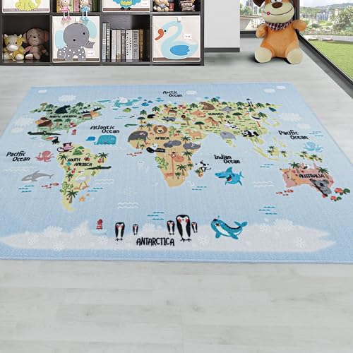 HomebyHome Kinderteppich Kurzflor Weltkarte Tiere Design Kinderzimmer Babyzimmer Spielzimmer 8 mm Florhöhe Hochfertig Weich Washbar Rechteckig Junge Mädchen Weiss, Farbe:Blau, Grösse:80x120 cm von HomebyHome