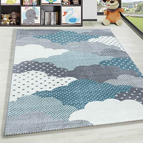 HomebyHome Kinderteppich Kurzflor Wolken Design Kinderzimmer Babyzimmer Spielzimmer 8 mm Florhöhe Weich Rechteckig Rund Läufer Blau, Farbe:Blau, Grösse:160x230 cm von HomebyHome