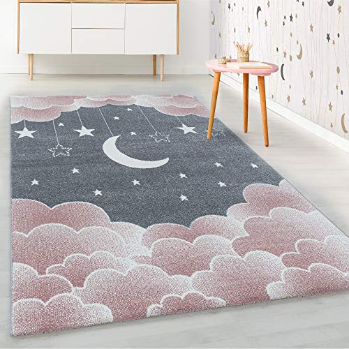 HomebyHome Kinderteppich Kurzflor Wolken Sterne Mund Design Kinderzimmer Babyzimmer Spielzimmer 8 mm Florhöhe Weich Rechteckig Rund Läufer Rosa, Farbe:Pink, Grösse:200x290 cm von HomebyHome