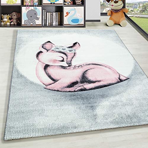 HomebyHome Kurzflor Kinderteppich für Mädchen Rehkitz Design 200x300 (200x290 cm) cm Rosa - Waschbarer Teppich Extra Weich und Antiallergen - Teppich für Kinderzimmer, Babyzimmer und Spielzimmer von HomebyHome